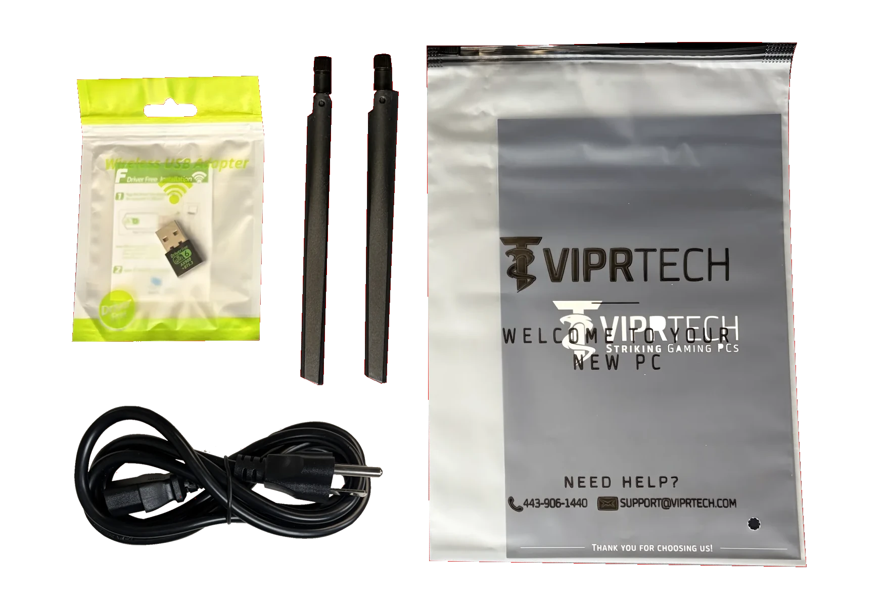 Included accessories: goodie bag, user manual, power cable and Wi-Fi antenna